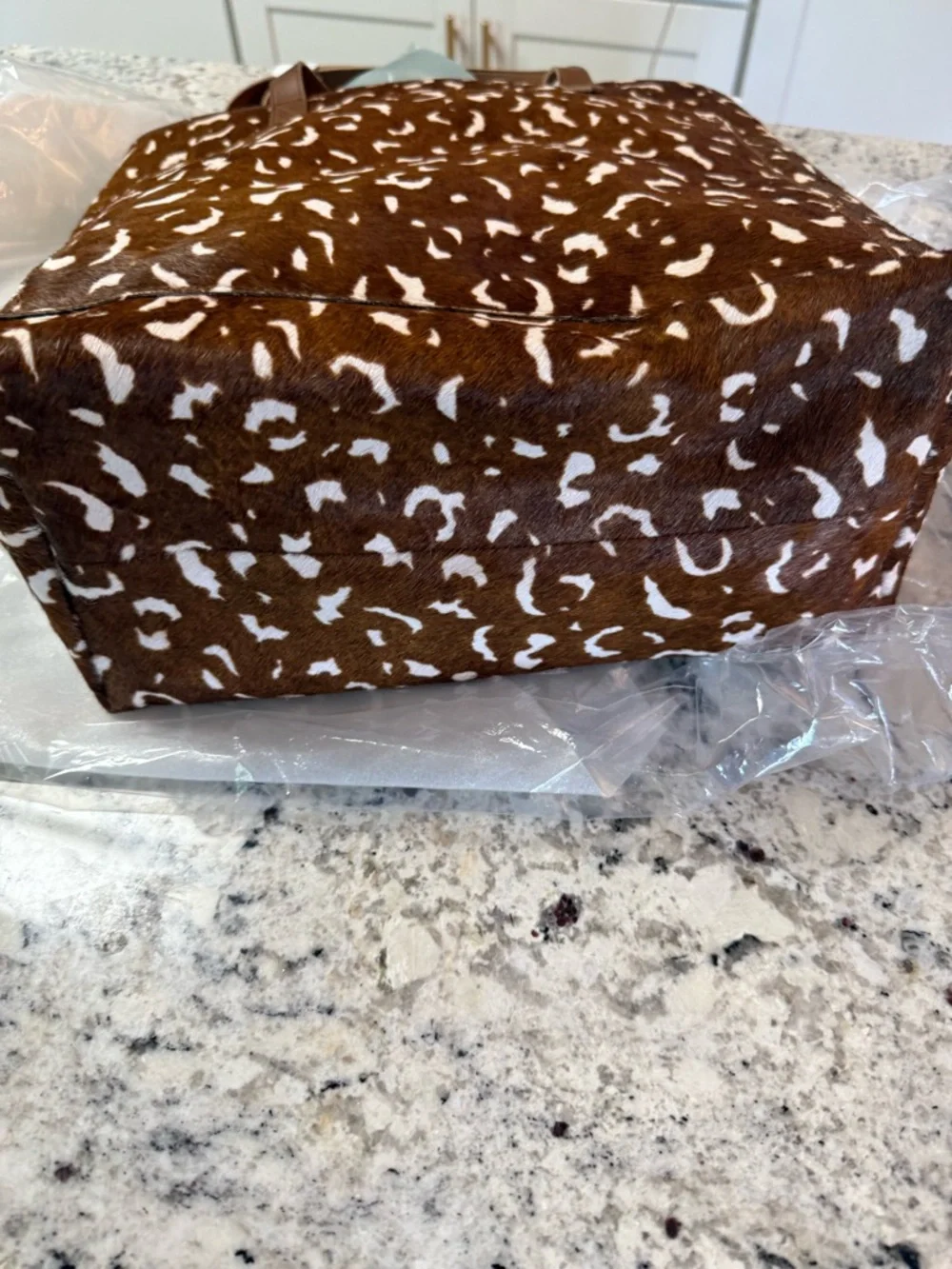 Brown and White Animal Print Tote Bag - Faux Haircalf - Picture 3 of 7